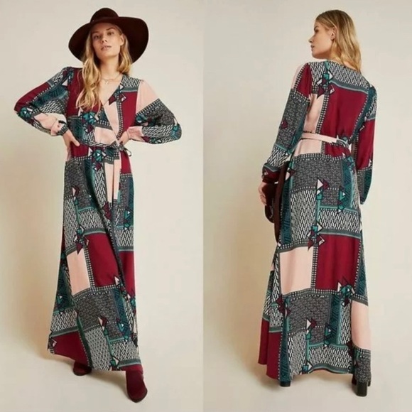 Anthropologie Porridge Virginia Maxi Wrap Dress L Patchwork Abstract Artsy Boho - Picture 1 of 10